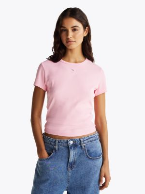 pink geribd slim fit t-shirt voor dames - tommy jeans