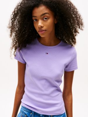 green ribbed slim round neck t-shirt for women tommy jeans