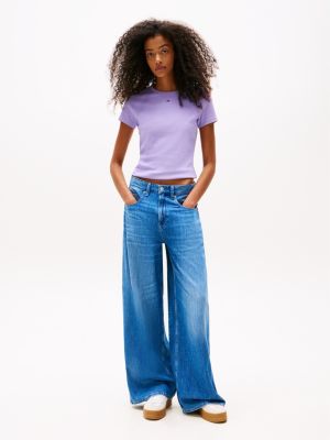 green ribbed slim round neck t-shirt for women tommy jeans