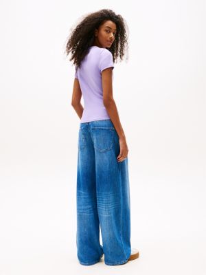 green ribbed slim round neck t-shirt for women tommy jeans