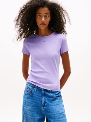 green ribbed slim round neck t-shirt for women tommy jeans