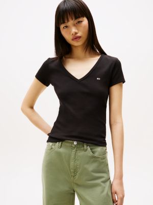 black essential slim fit t-shirt mit v-ausschnitt für damen - tommy jeans