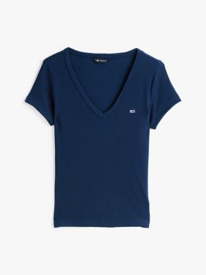 camiseta essential con cuello de pico azul de mujeres tommy jeans