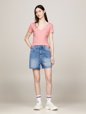 t-shirt essential slim fit con scollatura a v rosa da donne tommy jeans