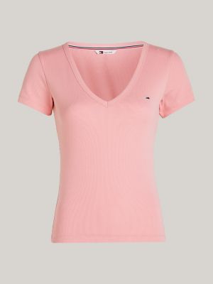 t-shirt essential slim fit con scollatura a v rosa da donne tommy jeans