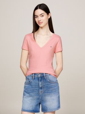 t-shirt essential slim fit con scollatura a v rosa da donne tommy jeans