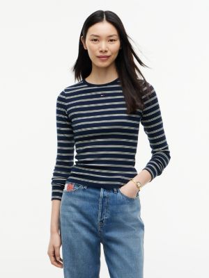 blue slim ribbed long sleeve t-shirt for women tommy jeans