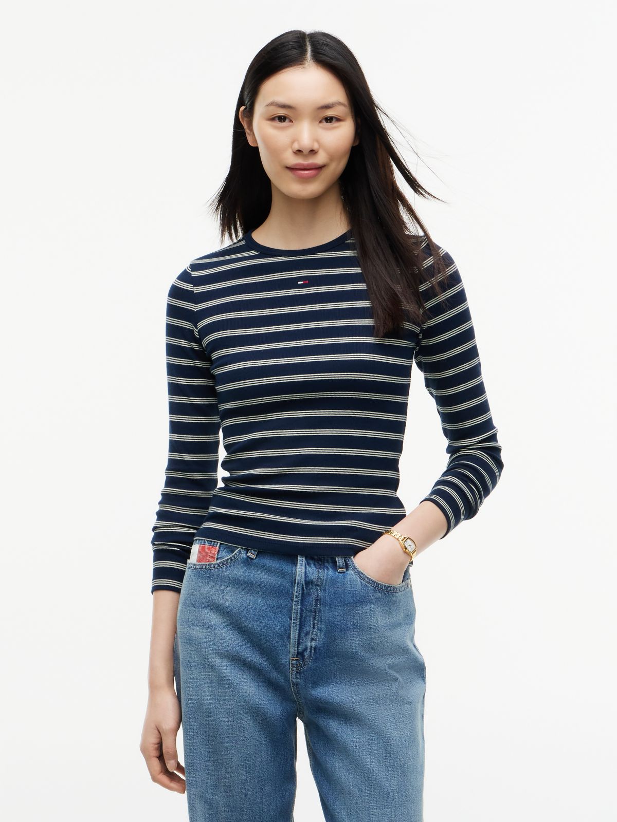 Flag Embroidery Slim Long Sleeve T-Shirt — Blue