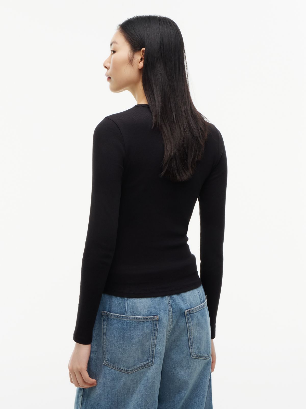 Flag Embroidery Slim Long Sleeve T-Shirt — Black