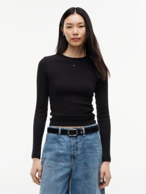 black slim ribbed long sleeve t-shirt for women tommy jeans