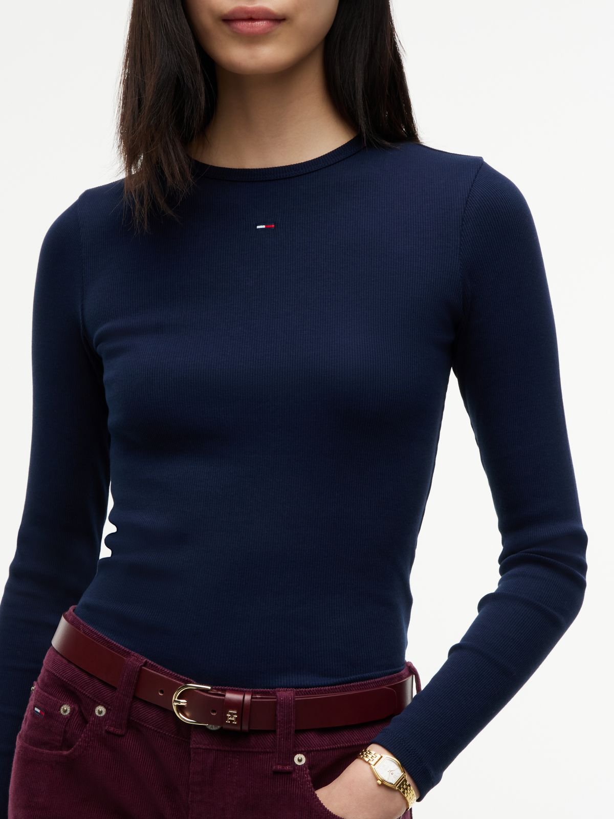 Flag Embroidery Slim Long Sleeve T-Shirt — Blue