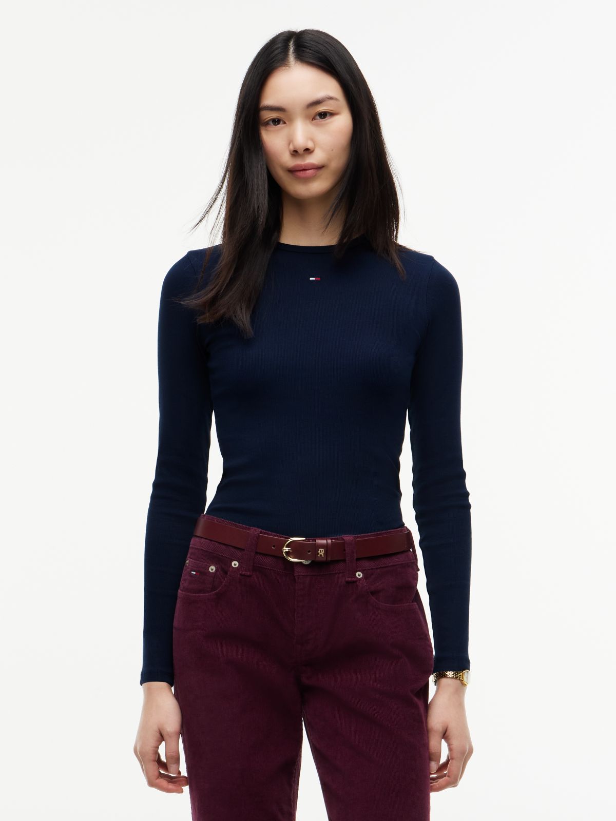 Flag Embroidery Slim Long Sleeve T-Shirt — Blue