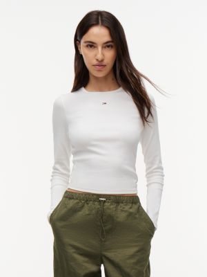 t-shirt slim côtelé à manches longues white pour femmes tommy jeans
