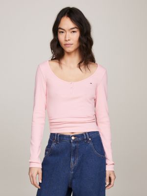 Ribbed Long Tommy | Hilfiger Fit Pink T-Shirt | Slim Sleeve
