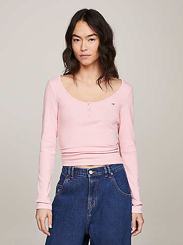 Ribbed Long Sleeve Slim Fit T-Shirt | Pink | Tommy Hilfiger