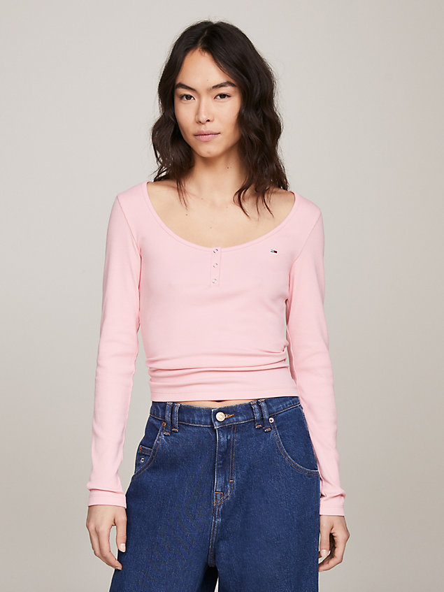 pink slim fit longsleeve t-shirt met ribtextuur voor dames - tommy jeans