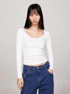 FITTED Ribbed Long Sleeve Tee in White - Tall Women's Shirts