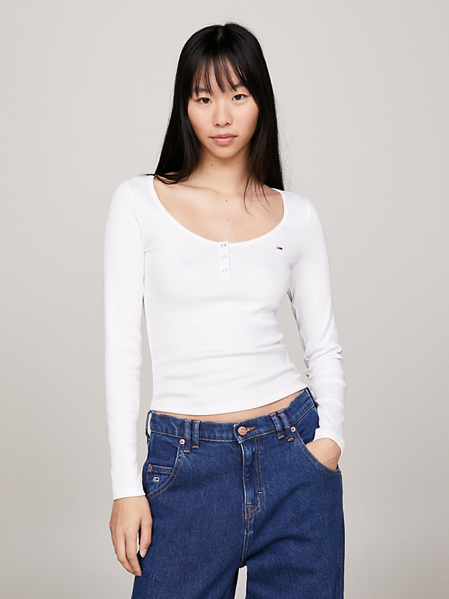 white ribbed slim long sleeve t-shirt for women tommy jeans