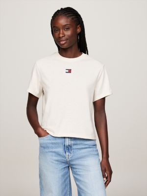 beige badge crew neck boxy t-shirt for women tommy jeans