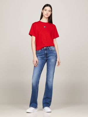 red boxy fit t-shirt mit tommy-badge für damen - tommy jeans