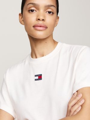 t-shirt boxy à col ras-du-cou et badge blanc pour femmes tommy jeans