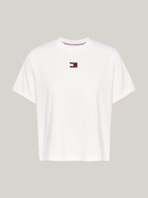 t-shirt boxy à col ras-du-cou et badge blanc pour femmes tommy jeans