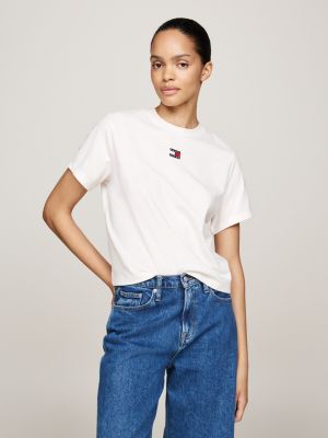 t-shirt boxy à col ras-du-cou et badge blanc pour femmes tommy jeans