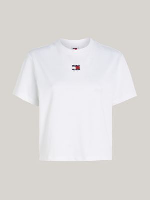 t-shirt squadrata con distintivo bianco da donne tommy jeans