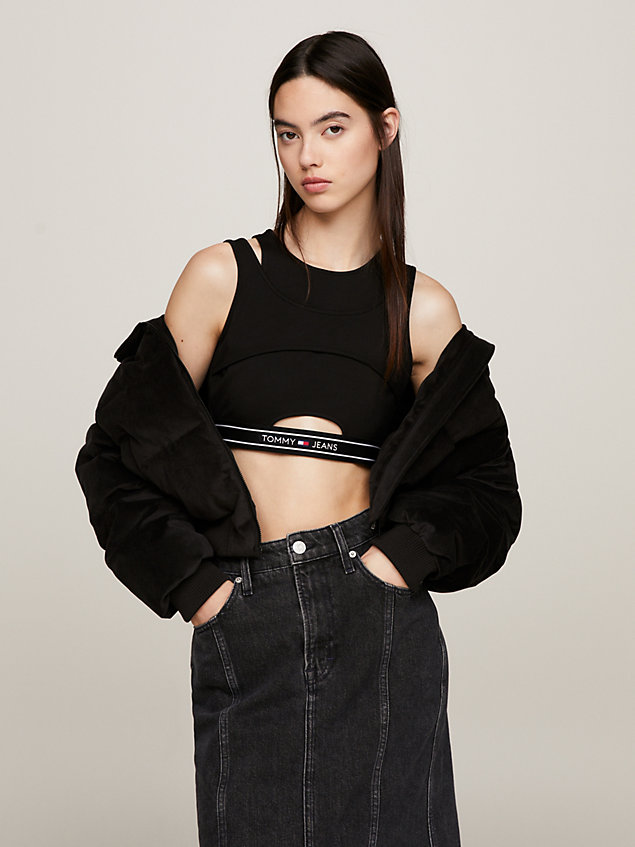 black super cropped logo tape cutout tank top for women tommy jeans