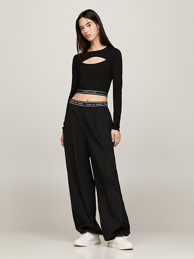 black super cropped logo tape cutout top for women tommy jeans