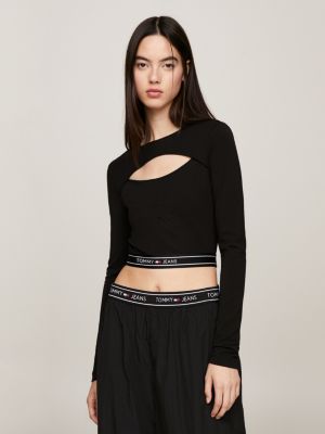 Super Cropped Logo Tape Cutout Top, Black