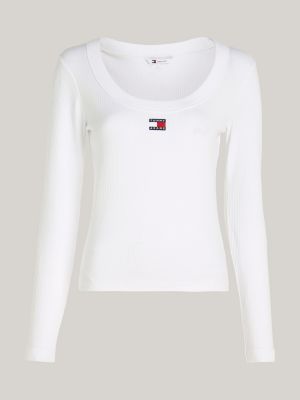 Badge Ribbed Slim Long Sleeve Hilfiger T-Shirt Tommy | White 
