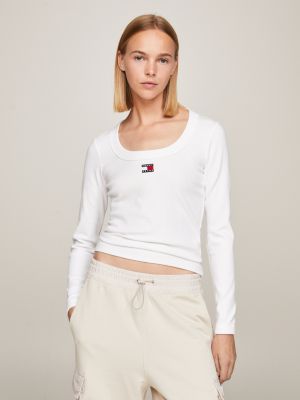 Badge Ribbed Slim Long Sleeve Tommy T-Shirt White | Hilfiger 