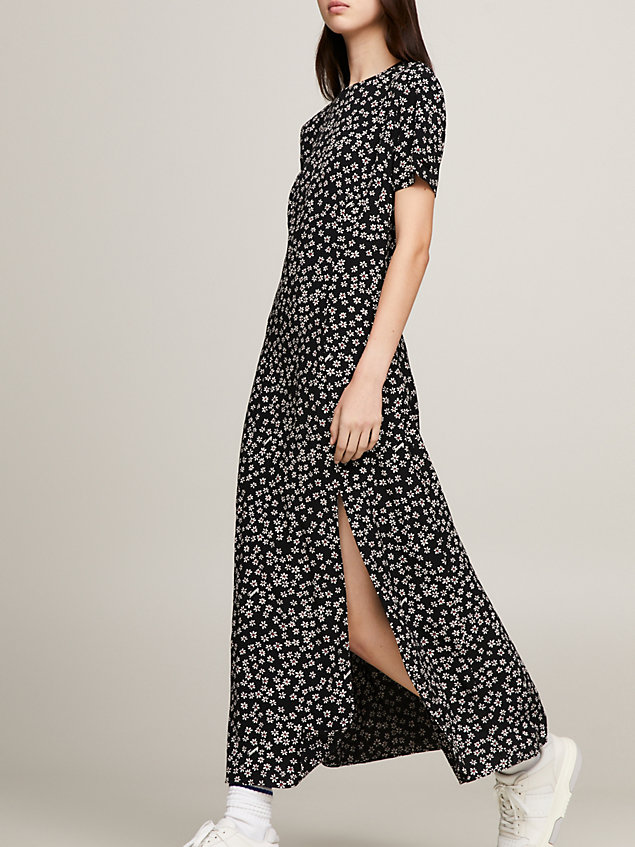 black ditsy floral print slit midi dress for women tommy jeans