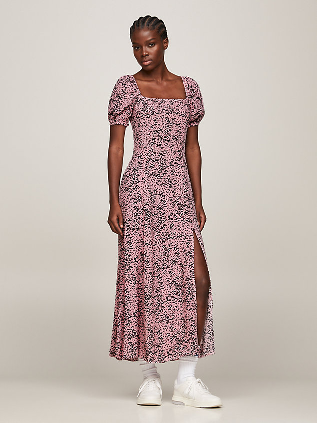 pink animal print puff sleeve maxi dress for women tommy jeans