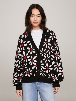 Ditsy Floral Print Oversized Cardigan, Black