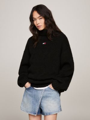 Badge Turtleneck Cable Knit Jumper Black Tommy Hilfiger