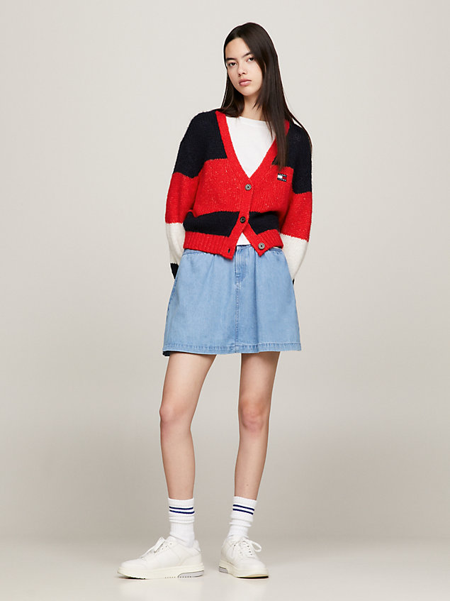 blue colour-blocked cropped cardigan for women tommy jeans