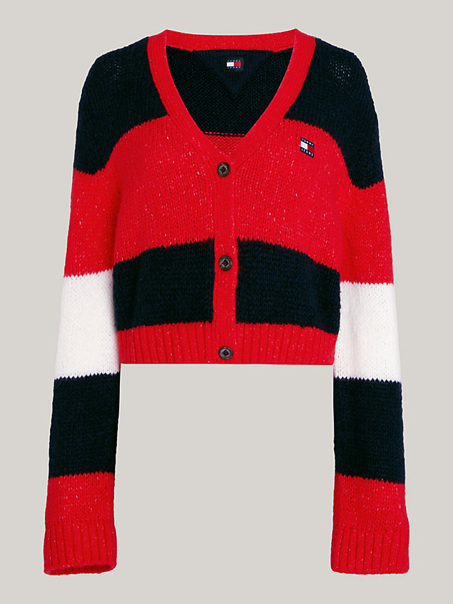 blue colour-blocked cropped cardigan for women tommy jeans