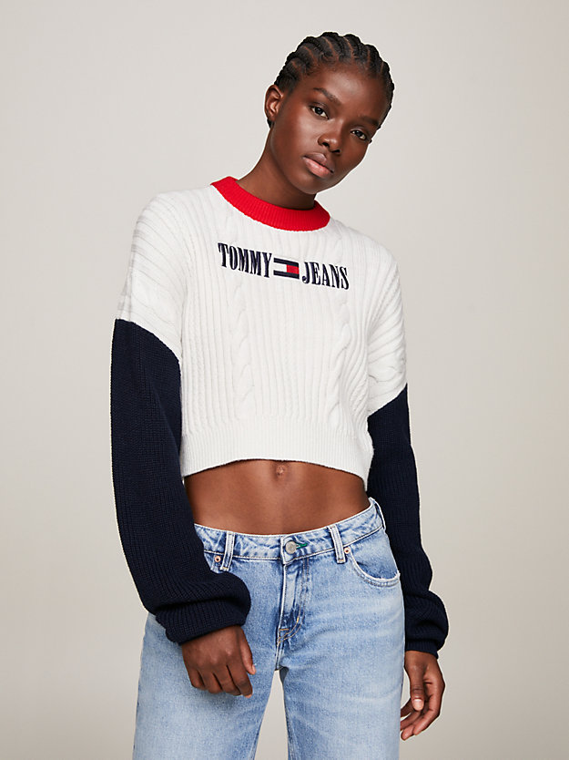 white archive colour-blocked cable knit jumper for women tommy jeans