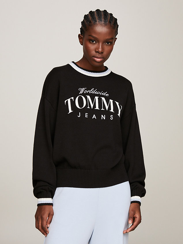 black varsity textured weave boxy jumper for women tommy jeans