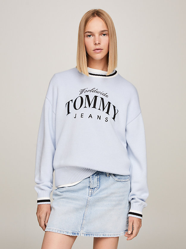 blue varsity textured weave boxy jumper for women tommy jeans