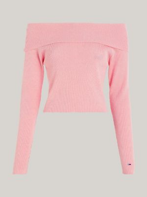 Off The Shoulder Ribbed Jumper Pink Tommy Hilfiger