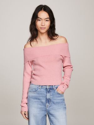 Off shoulder trui met geribde textuur Roze Tommy Hilfiger