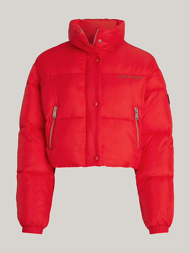 red cropped fit puffer-jacke mit logo für damen - tommy jeans