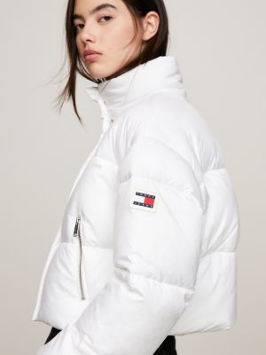 Chaqueta acolchada blanca con capucha y logo en la manga – Polo Club