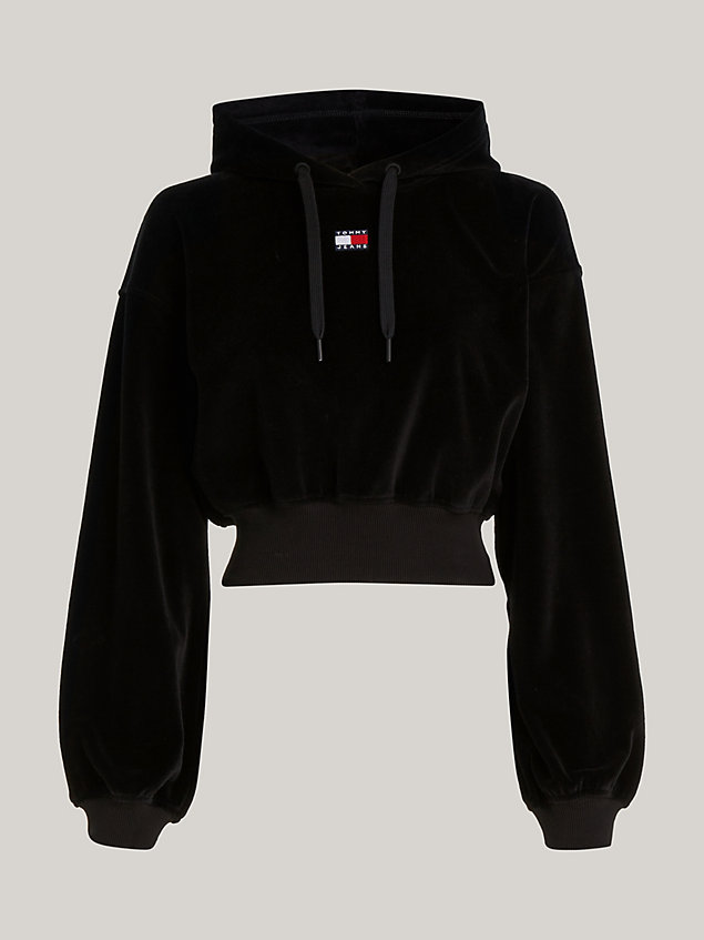 black cropped fit velours-hoodie mit logo für damen - tommy jeans
