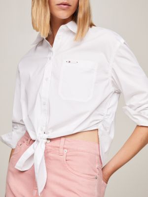 Tie Front Cropped Relaxed Fit Shirt, White