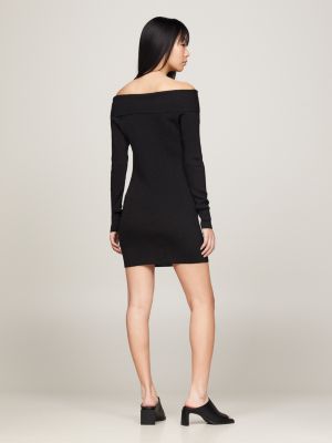 Off-The-Shoulder Bodycon Mini Sweater Dress, Black