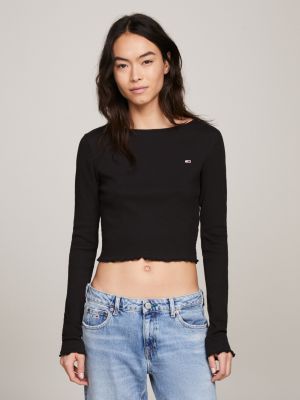 black cropped fit langarmshirt mit rüschen für damen - tommy jeans